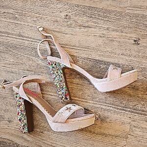 Betsey Johnson Blush Pink Platform Sandals with Multicolor Glitter Block Heel